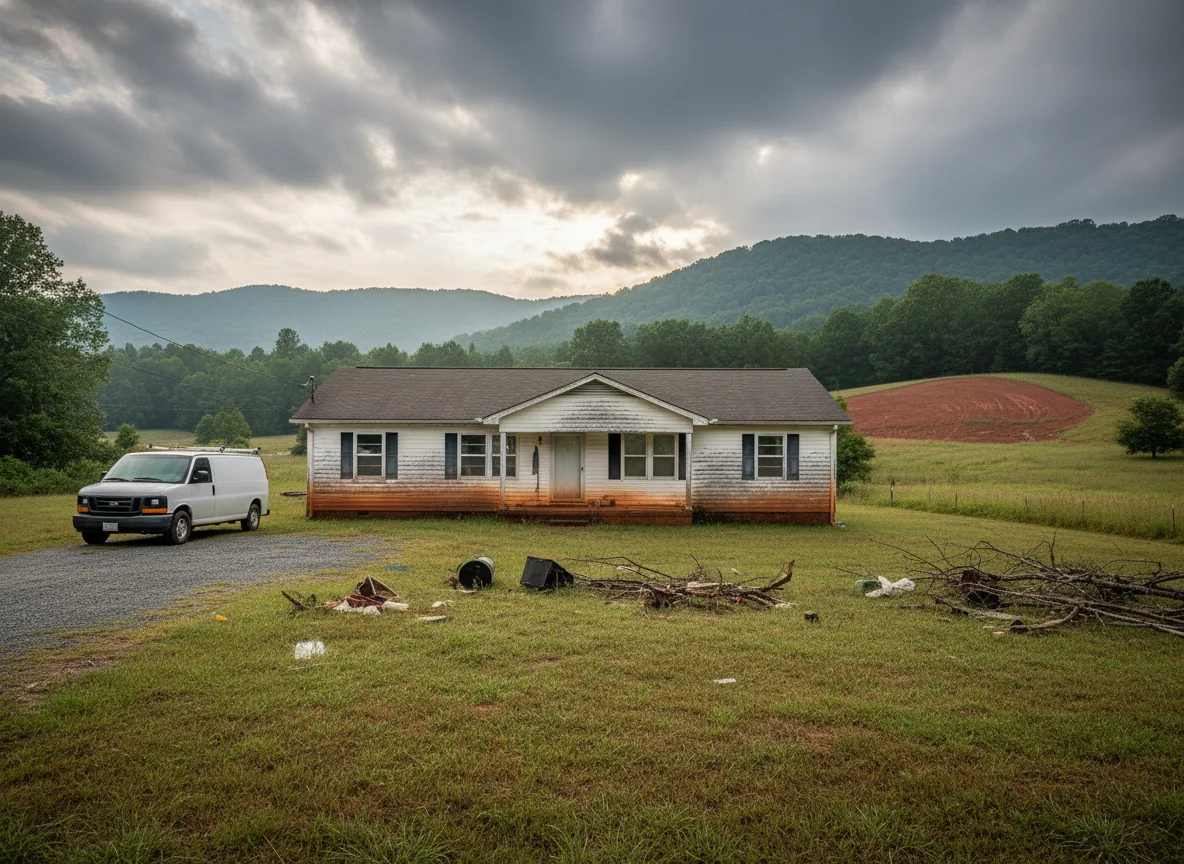 Single-story home in Upstate South Carolina after a flood, with a mold remediation companies near me 29635 Cleveland SC work van in the driveway