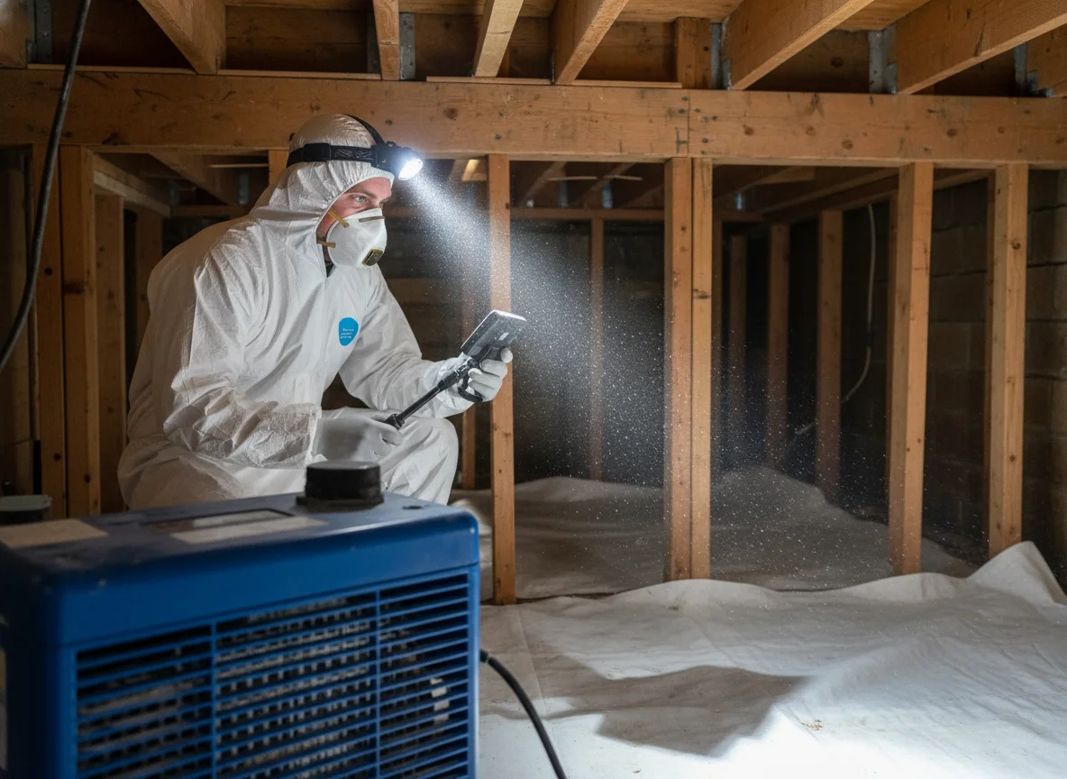 Mold Remediation Companies Near ME 29635 Cleveland SC: AMRT-certified crawl space technician applying biocide under joists with a 12-inch poly vapor barrier and HEPA scrubber running in the background