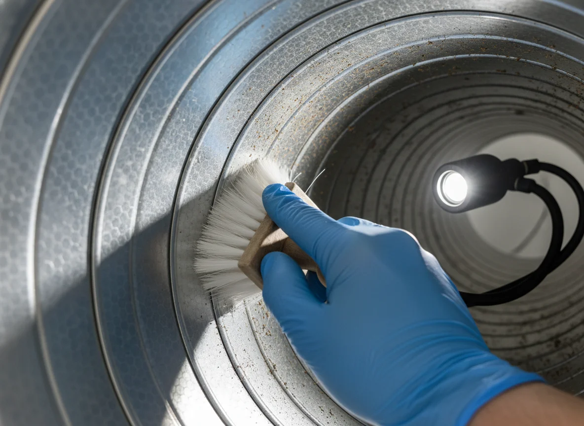 Mold Remediation Companies Near ME 29635 Cleveland SC: close-up of a gloved hand cleaning the inside of a galvanized steel HVAC duct with a soft brush and an inspection light