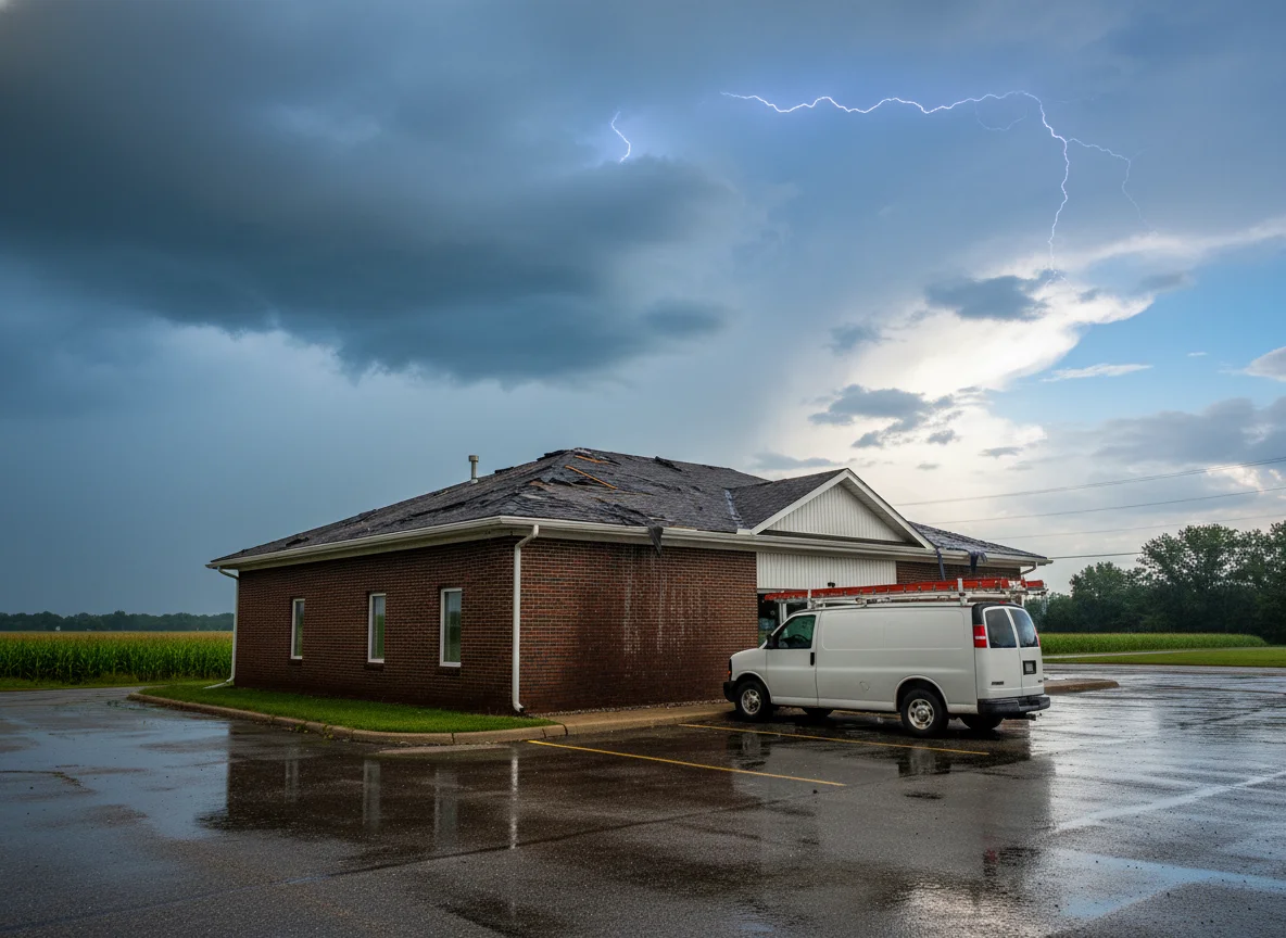 Property in Clifford IN with storm or moisture damage, with a mold remediation work van on site