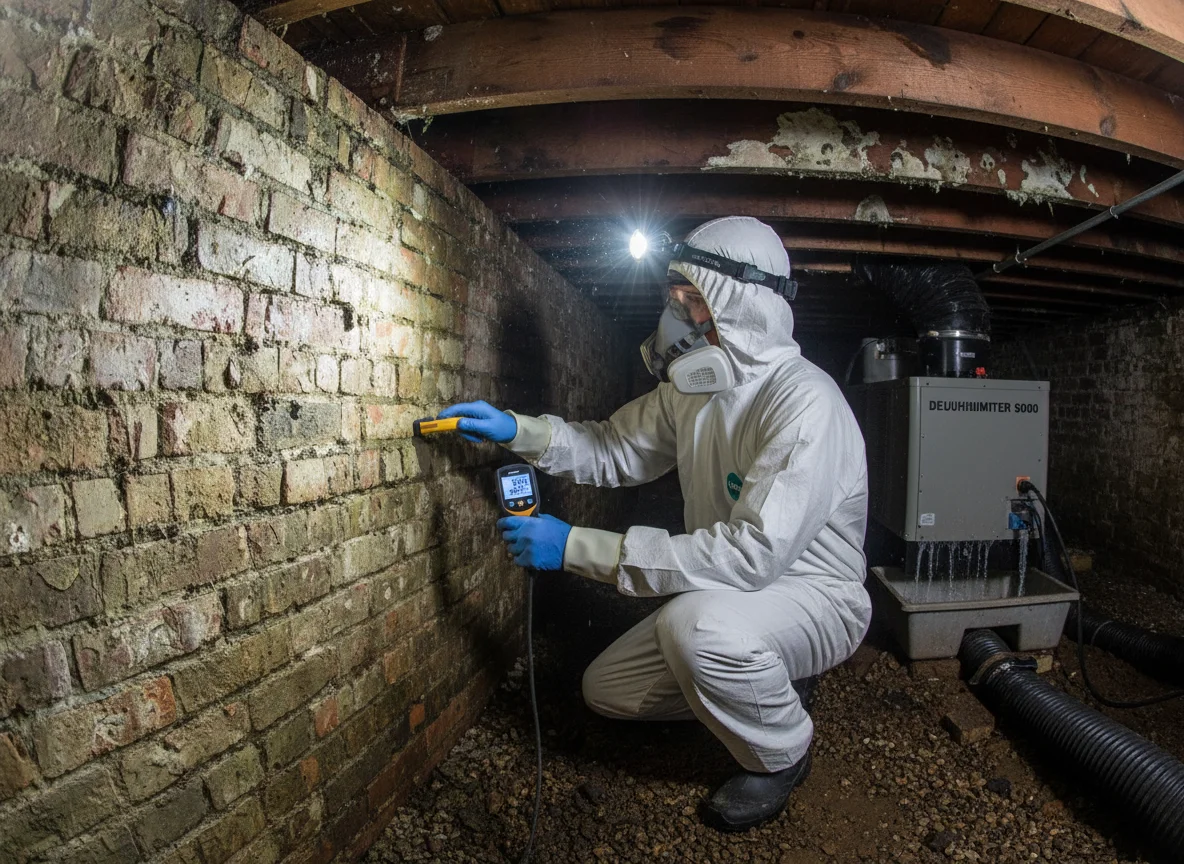 Mold Inspection Free Estimate 47226 Clifford IN: IICRC-certified technician in full PPE applying antimicrobial treatment in a crawl space beneath a Clifford property with fresh vapor barrier and industrial dehumidifier