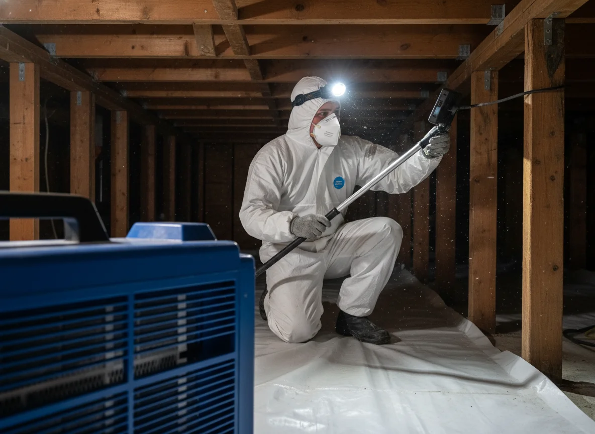 IICRC-AMRT-certified technician inspecting subfloor in a Clifford IN 47226 home