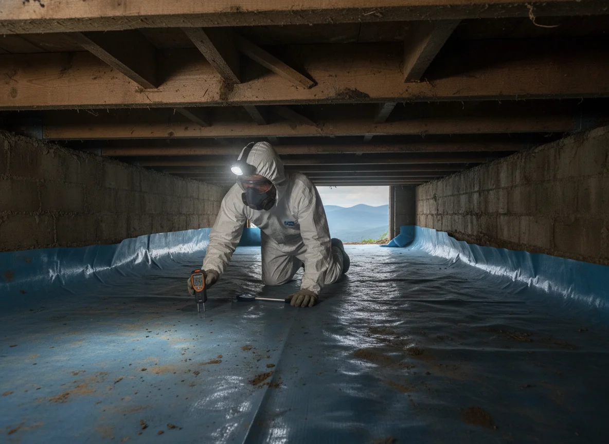 Mold Removal Services 47226 Clifford IN: IICRC-certified technician in full PPE applying antimicrobial treatment in a crawl space in Clifford, Indiana