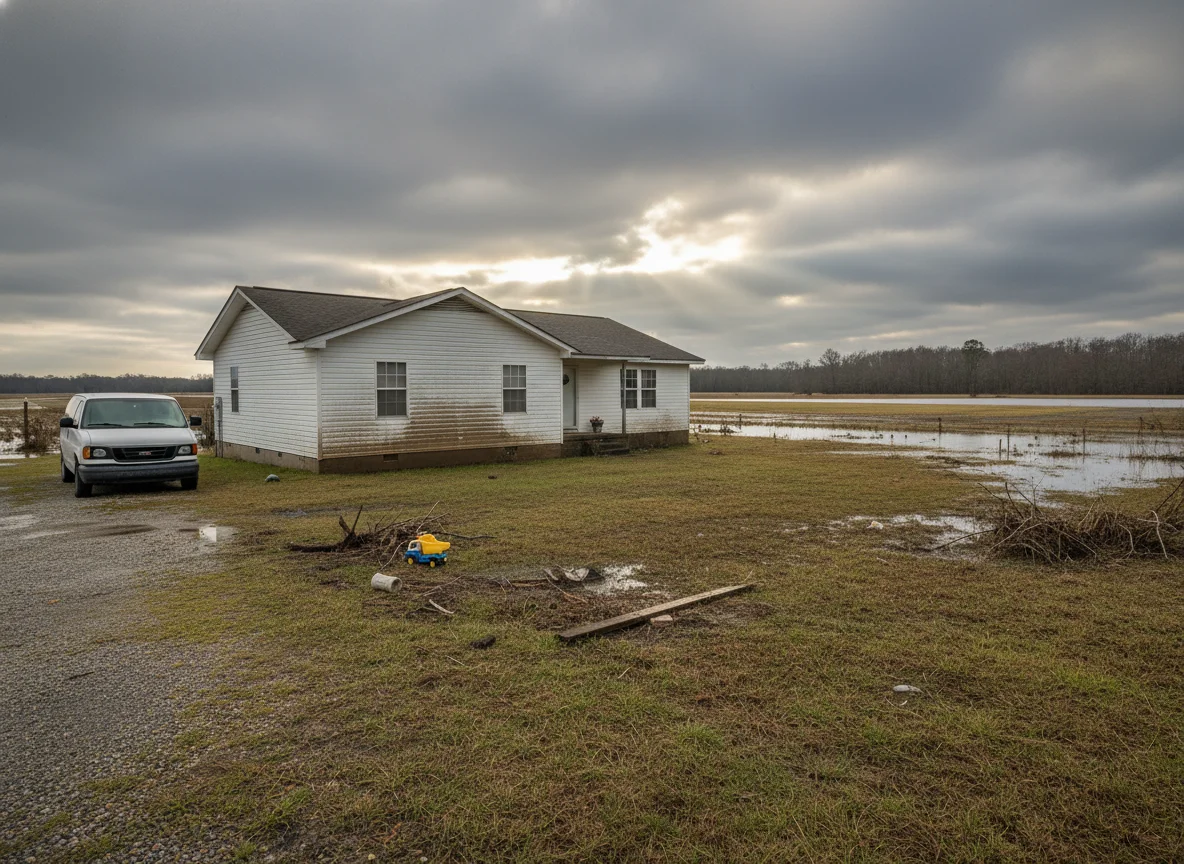 Single-story home in Desha County after a flood, with a mold remediation work van in the driveway