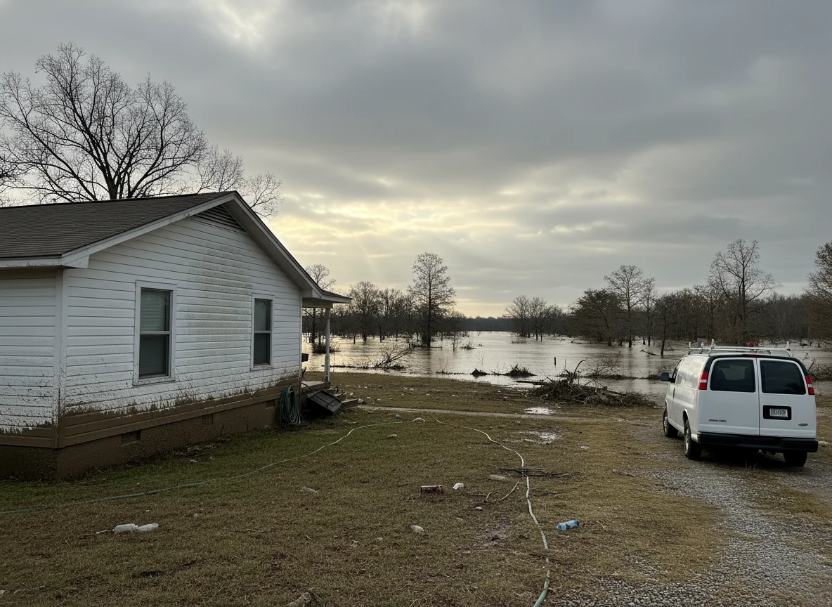 Single-story home in Desha County after a flood, with a Mold Remediation Hotline work van in the driveway