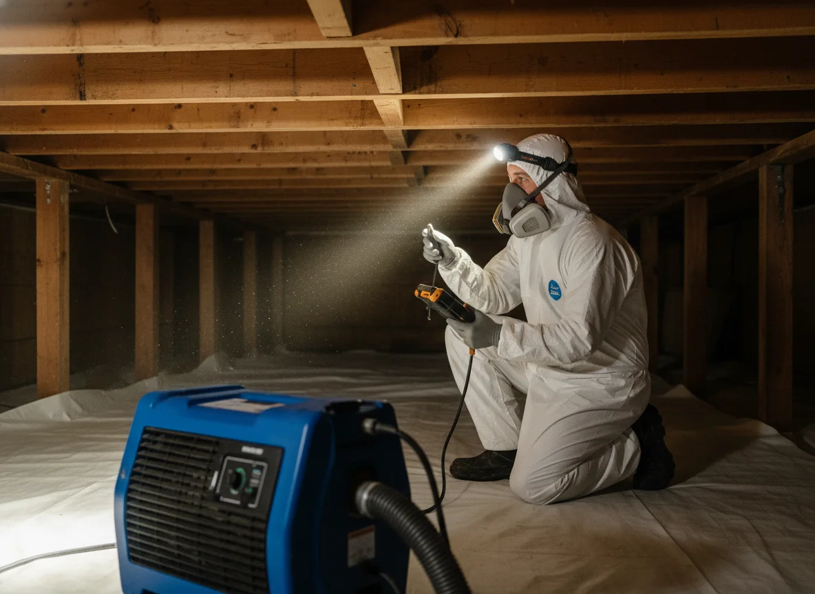 Mold remediation technician in white protective coveralls and respirator applying antimicrobial treatment in a residential crawl space with fresh vapor barrier and a commercial dehumidifier