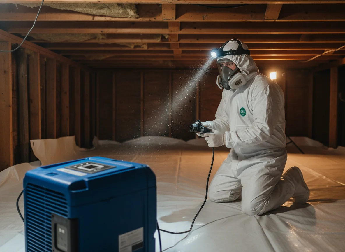 Mold remediation technician in white protective coveralls and respirator applying antimicrobial treatment in a residential crawl space with fresh vapor barrier and a commercial dehumidifier
