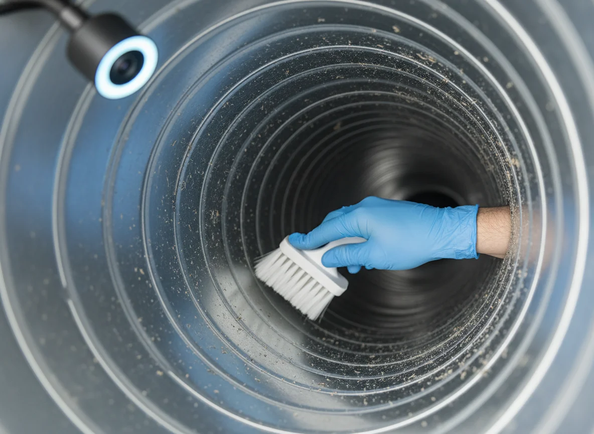 Close-up of a gloved hand cleaning the inside of a galvanized steel HVAC duct with a soft brush and an inspection light