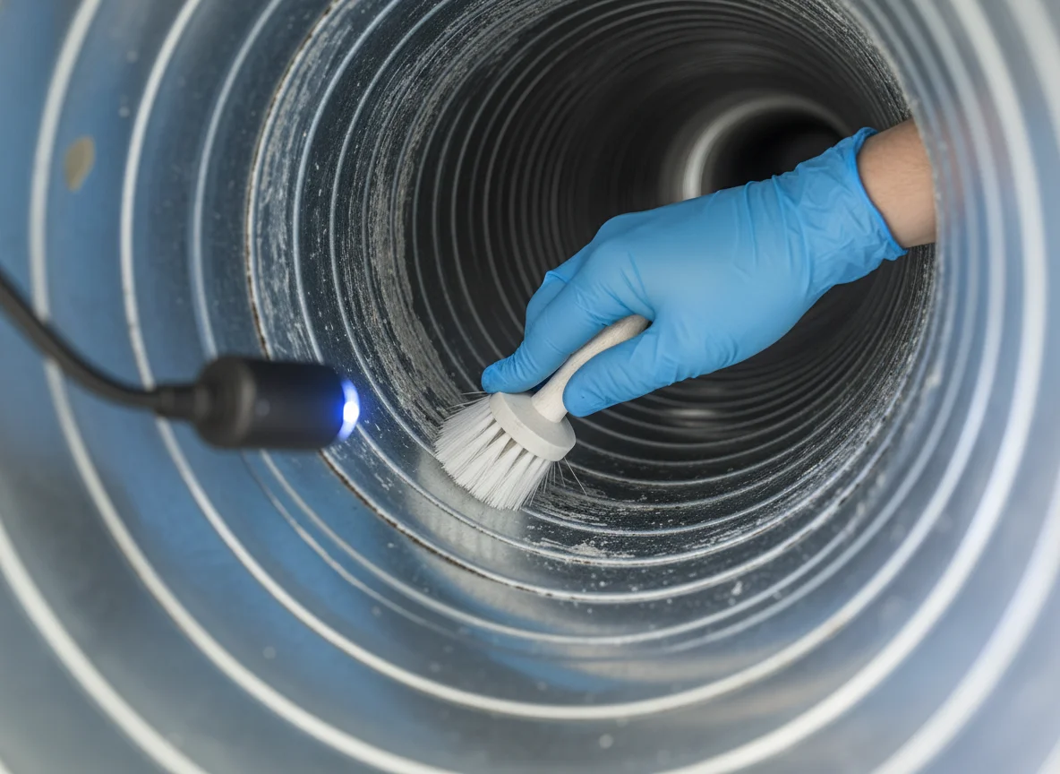 Close-up of a gloved hand cleaning the inside of a galvanized steel HVAC duct with a soft brush and an inspection light
