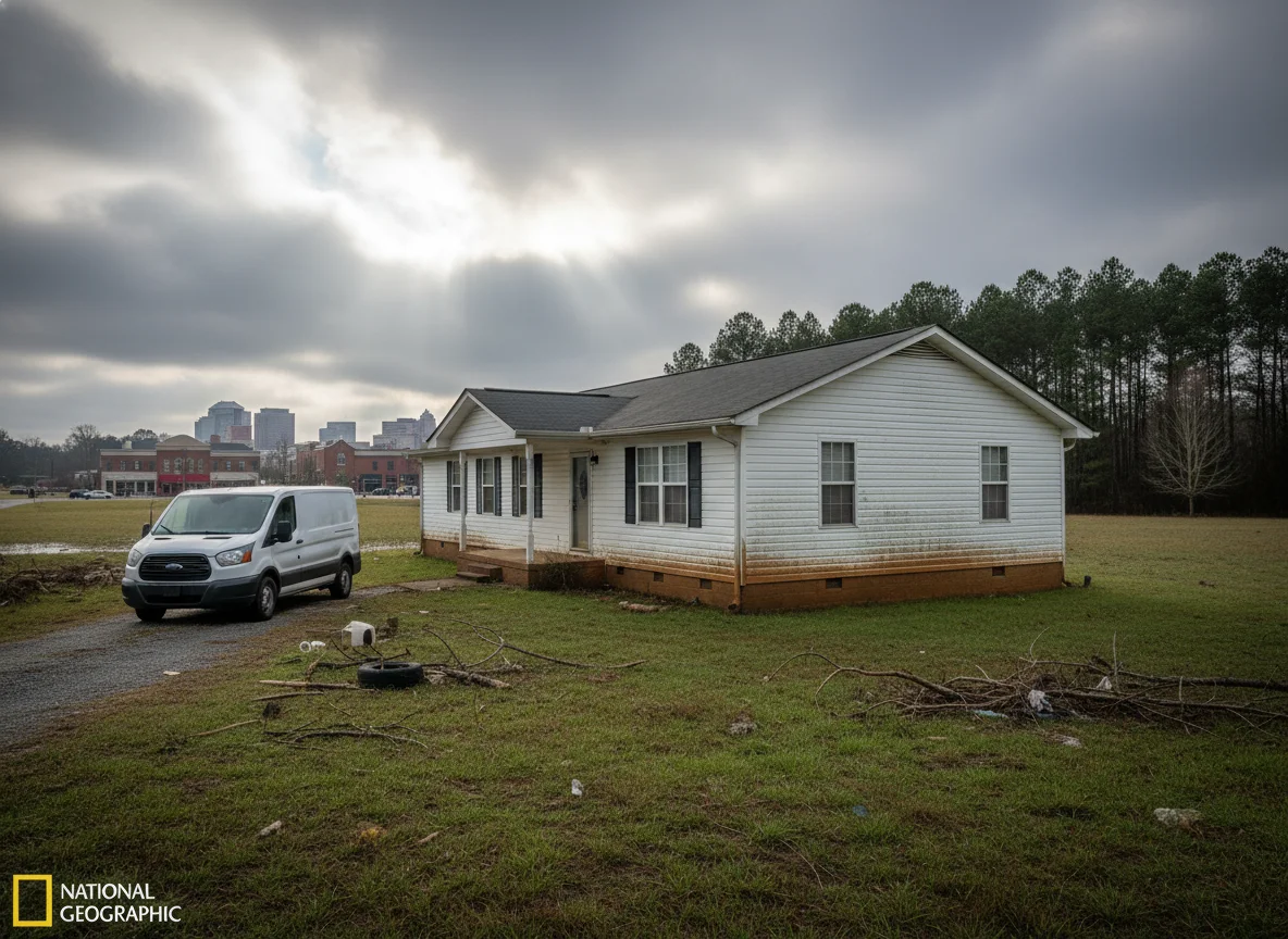 Restoration vehicle on-site for commercial mold removal in gainesville ga at a flood-affected Hall County residence under overcast sky