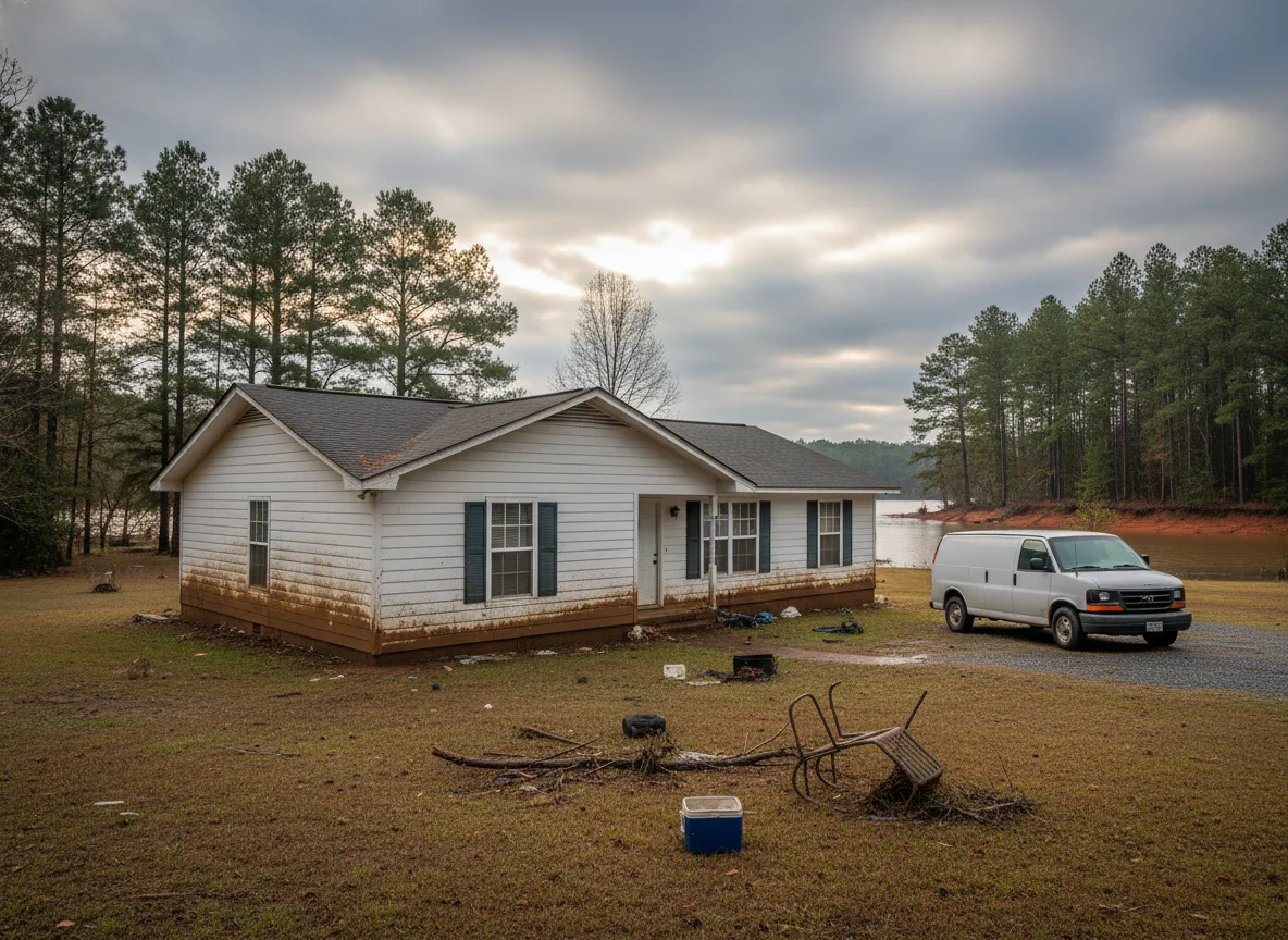 Single-story home in Hall County after a flood, with a residential mold removal in gainesville ga work van in the driveway