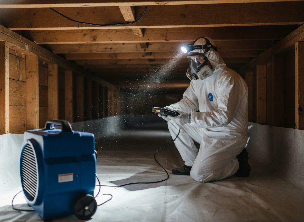 Commercial Mold Removal IN Gainesville GA: AMRT-certified crawl space technician applying biocide under joists with a 12-inch poly vapor barrier and HEPA scrubber running in the background