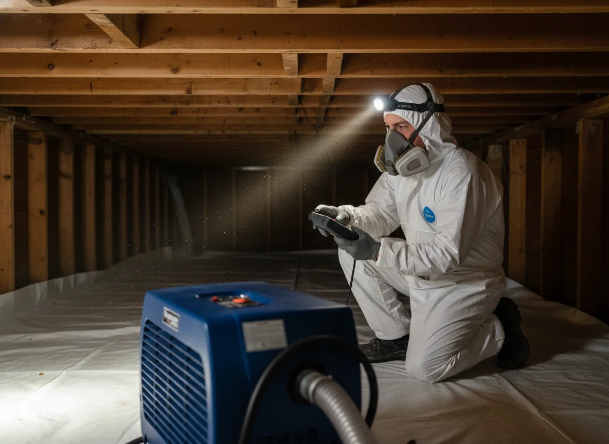 Residential Mold Removal IN Gainesville GA: residential crawl space mid-remediation with sealed containment, fresh polyethylene vapor barrier, and a commercial-grade refrigerant dehumidifier