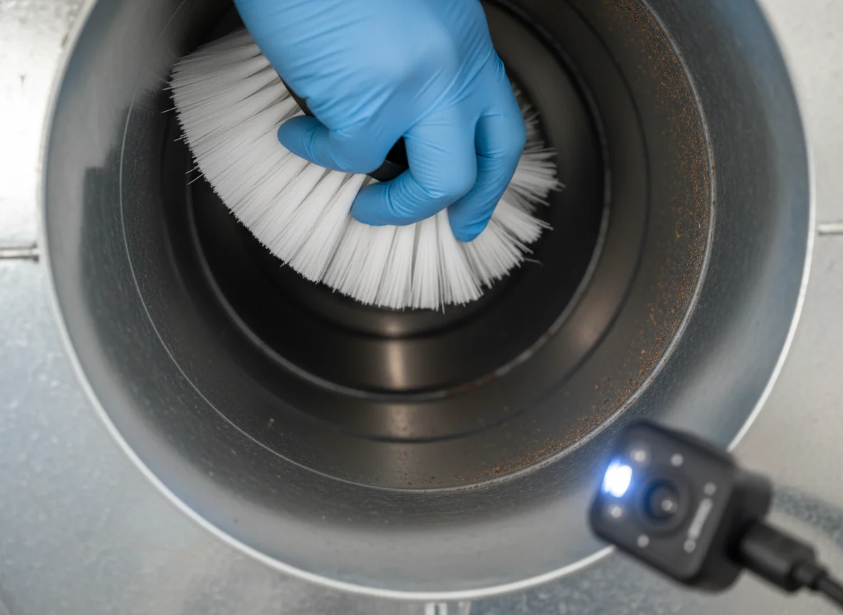Commercial Mold Removal IN Gainesville GA: gloved hand performing inspection-and-cleaning of a galvanized HVAC supply duct, soft-bristle brush and headlamp visible