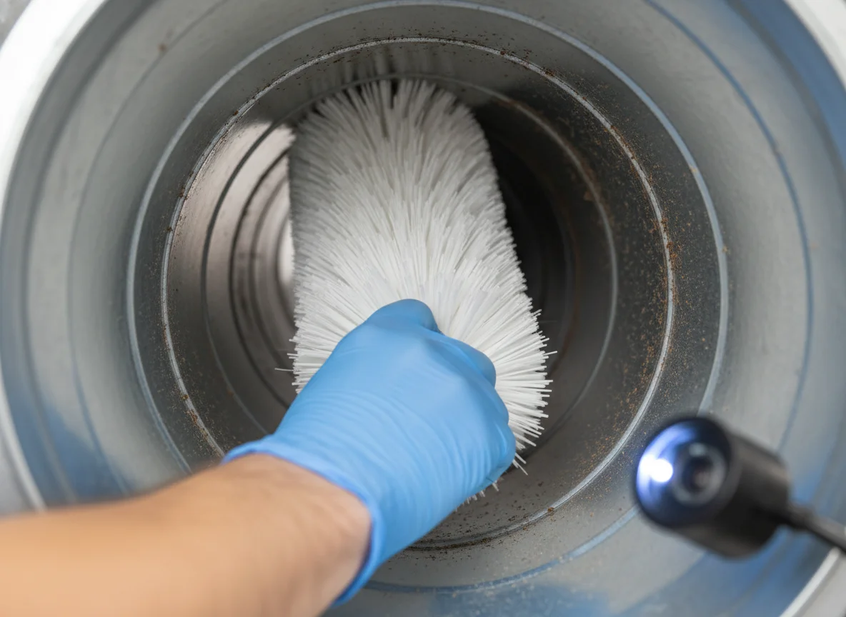Residential Mold Removal IN Gainesville GA: detail shot of HVAC duct interior cleaning during residential mold removal in gainesville ga, with brush, gloved hand, and inspection light in frame