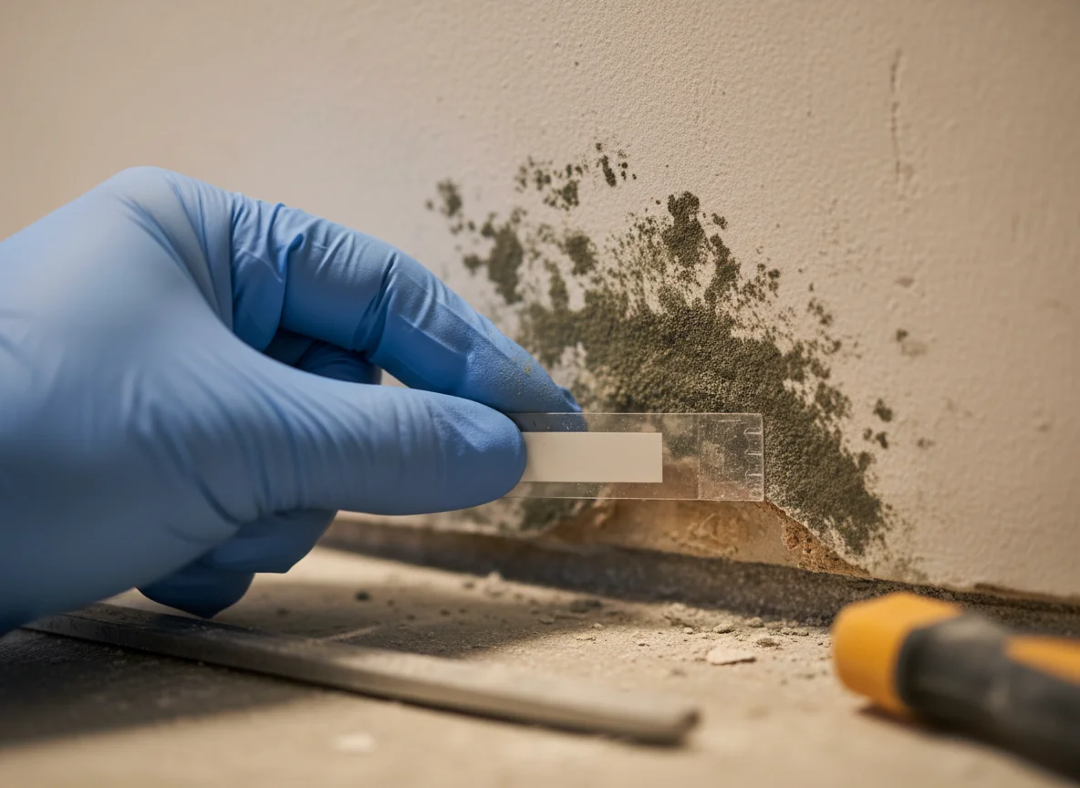 Black mold (Stachybotrys) removal in Gainesville GA — technician in PPE inspecting contaminated drywall