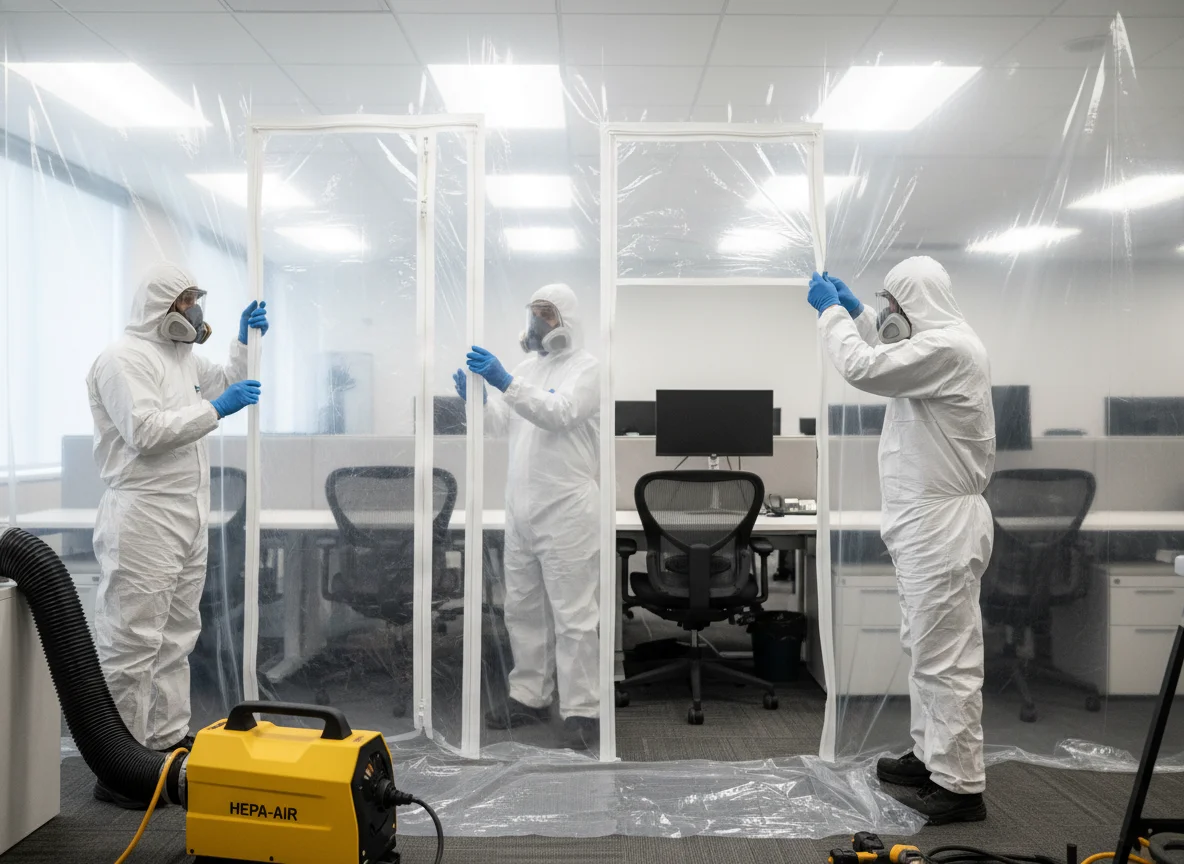 Commercial mold remediation in Gainesville GA — IICRC-aligned crew setting up containment in a Hall County office