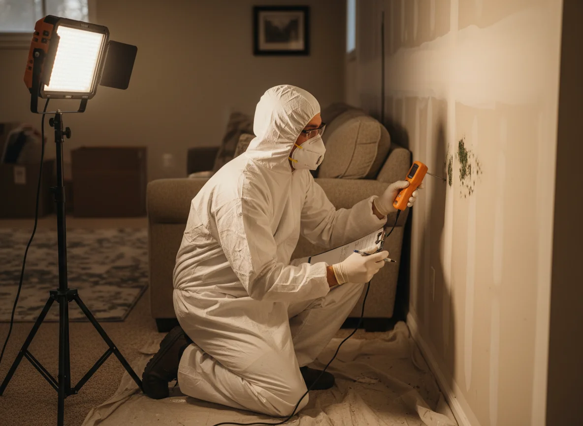 Residential mold removal in Gainesville GA — technician inspecting basement drywall in a single-family home