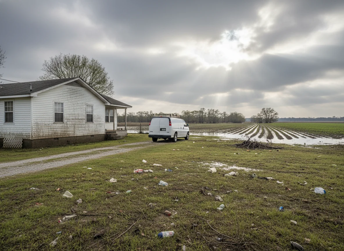 Single-story home in Crittenden County after a flood, with a mold remediation work van in the driveway