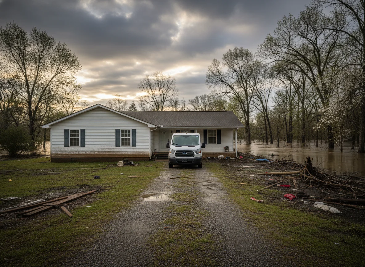 Single-story home in Crittenden County after a flood, with a Mold Remediation Hotline work van in the driveway