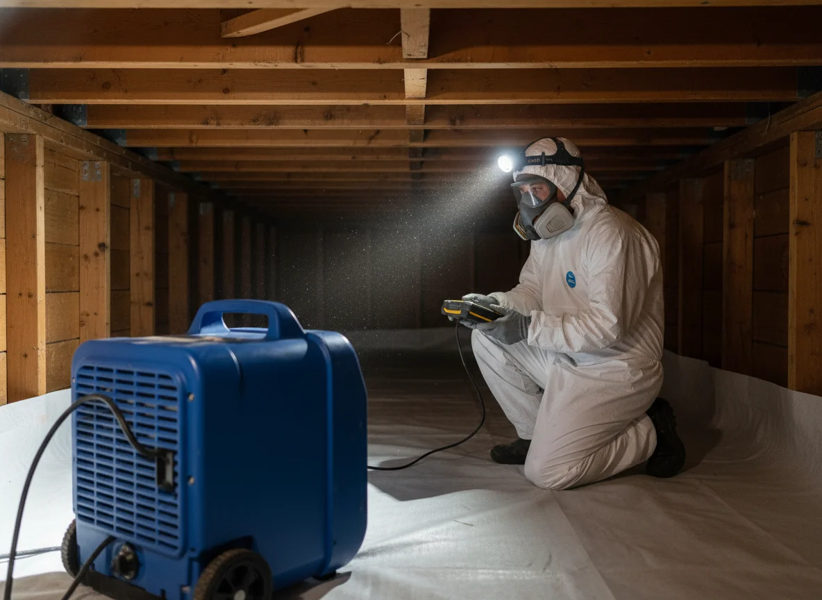 Mold remediation technician in white protective coveralls and respirator applying antimicrobial treatment in a residential crawl space with fresh vapor barrier and a commercial dehumidifier