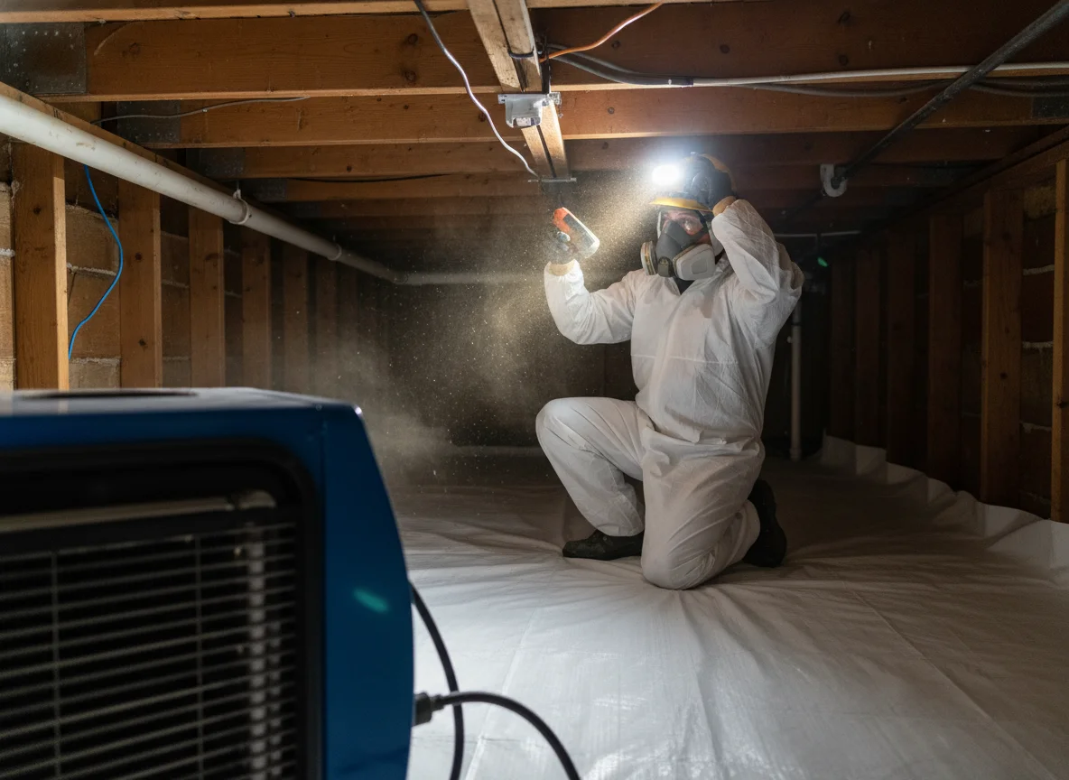 Mold remediation technician in white protective coveralls and respirator applying antimicrobial treatment in a residential crawl space with fresh vapor barrier and a commercial dehumidifier