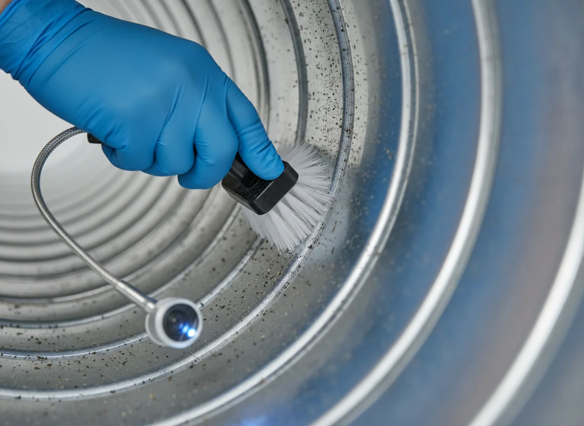 Close-up of a gloved hand cleaning the inside of a galvanized steel HVAC duct with a soft brush and an inspection light