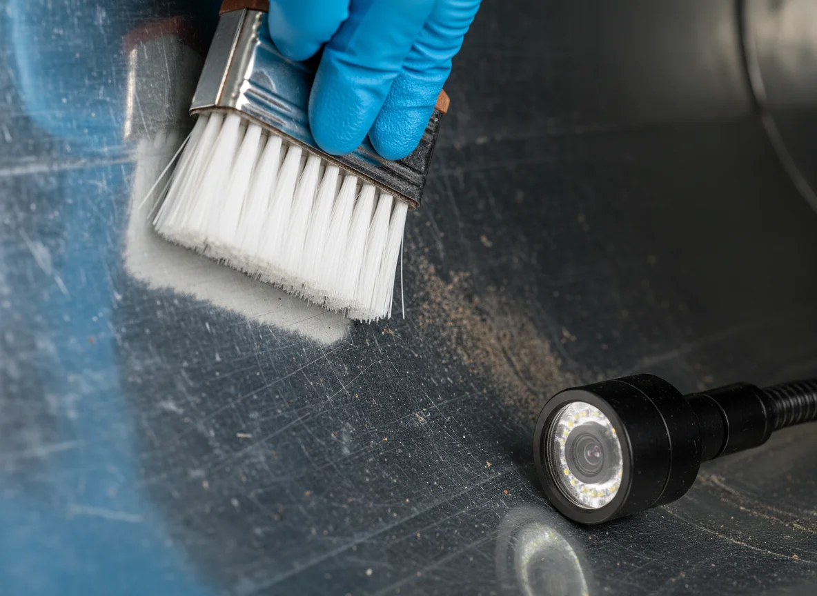 Close-up of a gloved hand cleaning the inside of a galvanized steel HVAC duct with a soft brush and an inspection light