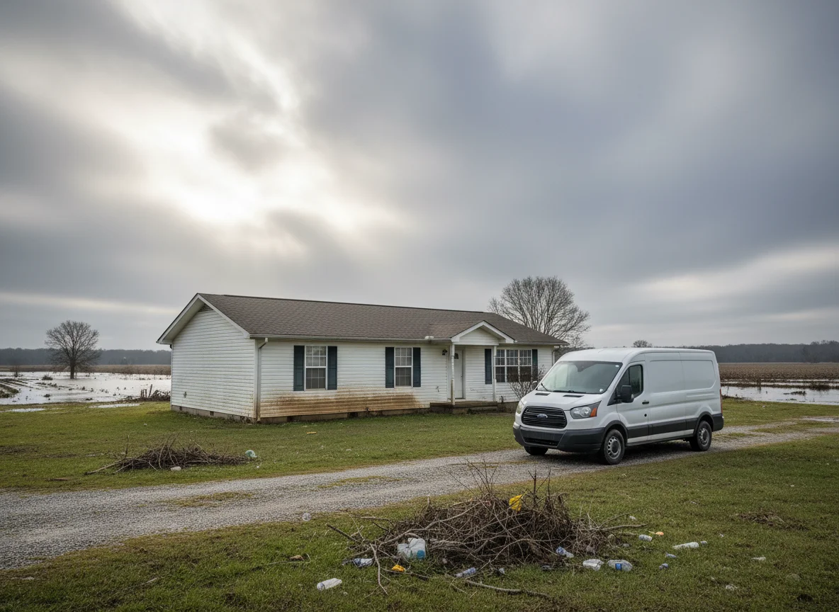 Single-story home in Desha County after a flood, with a mold remediation work van in the driveway