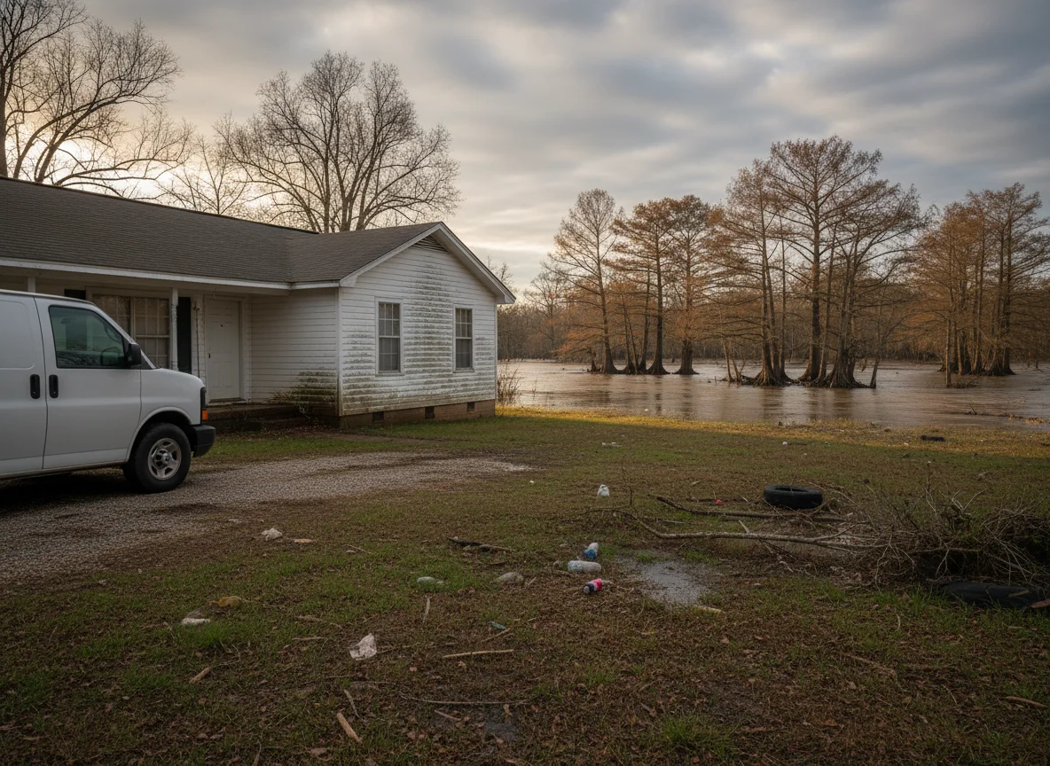 Single-story home in Desha County after a flood, with a Mold Remediation Hotline work van in the driveway