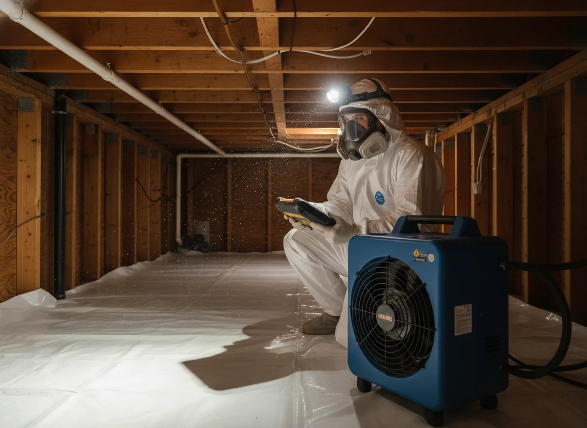 Mold remediation technician in white protective coveralls and respirator applying antimicrobial treatment in a residential crawl space with fresh vapor barrier and a commercial dehumidifier