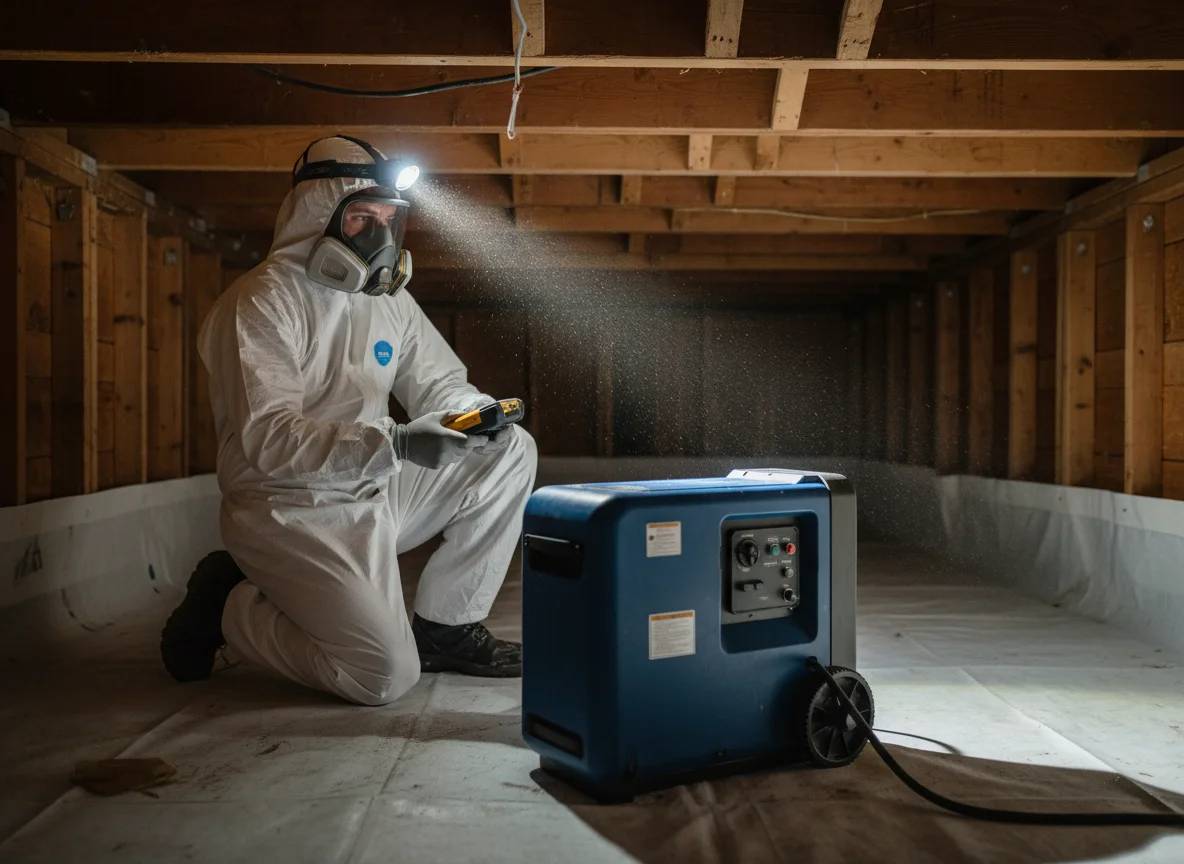 Mold remediation technician in white protective coveralls and respirator applying antimicrobial treatment in a residential crawl space with fresh vapor barrier and a commercial dehumidifier