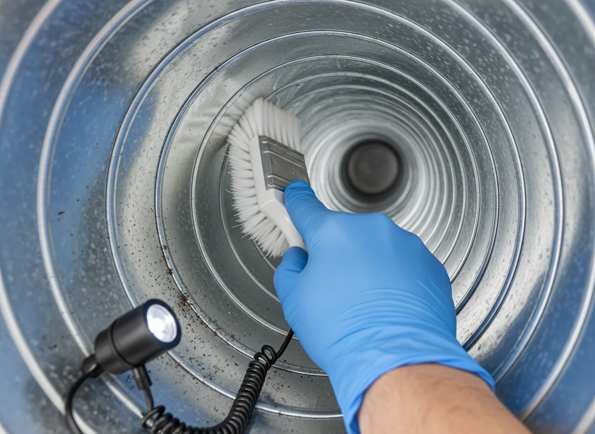 Close-up of a gloved hand cleaning the inside of a galvanized steel HVAC duct with a soft brush and an inspection light