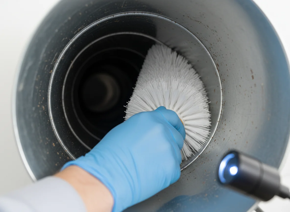 Close-up of a gloved hand cleaning the inside of a galvanized steel HVAC duct with a soft brush and an inspection light