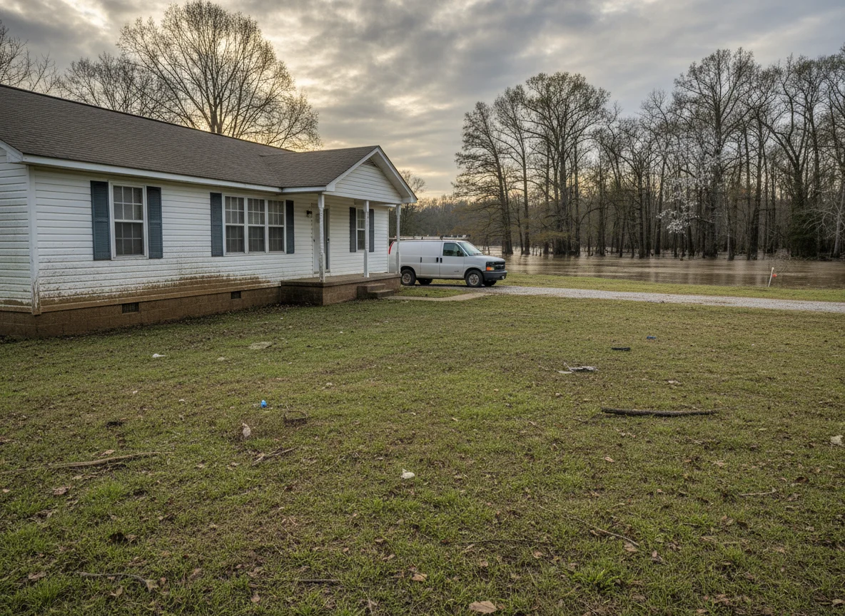 Single-story home in Poinsett County after a flood, with a Mold Remediation Hotline work van in the driveway