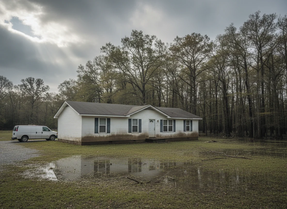 Single-story home in Poinsett County after a flood, with a mold remediation work van in the driveway