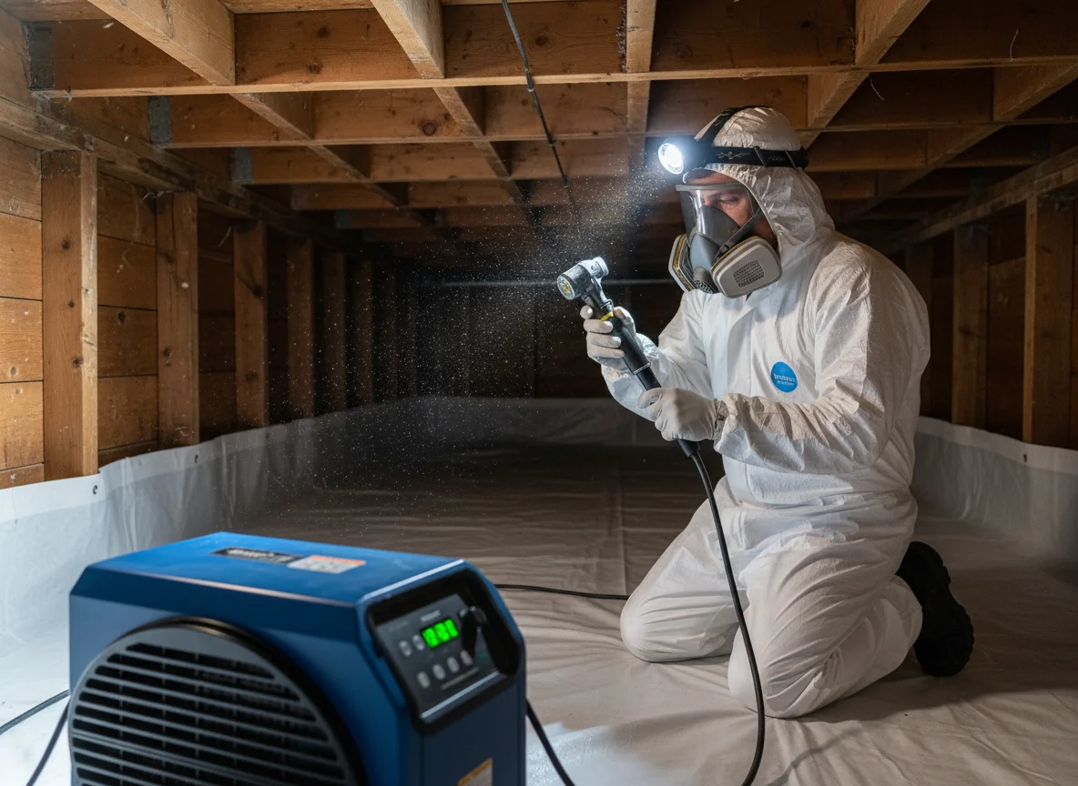 Mold remediation technician in white protective coveralls and respirator applying antimicrobial treatment in a residential crawl space with fresh vapor barrier and a commercial dehumidifier