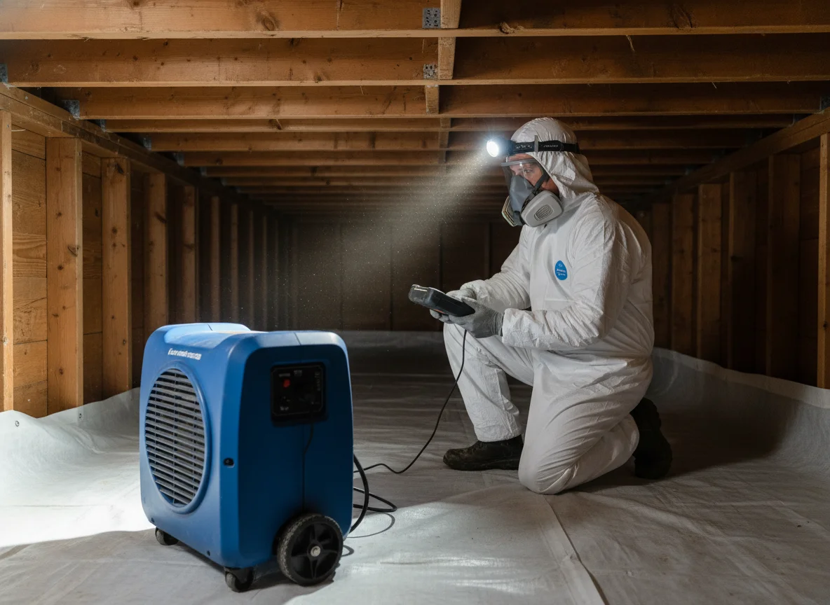 Mold remediation technician in white protective coveralls and respirator applying antimicrobial treatment in a residential crawl space with fresh vapor barrier and a commercial dehumidifier