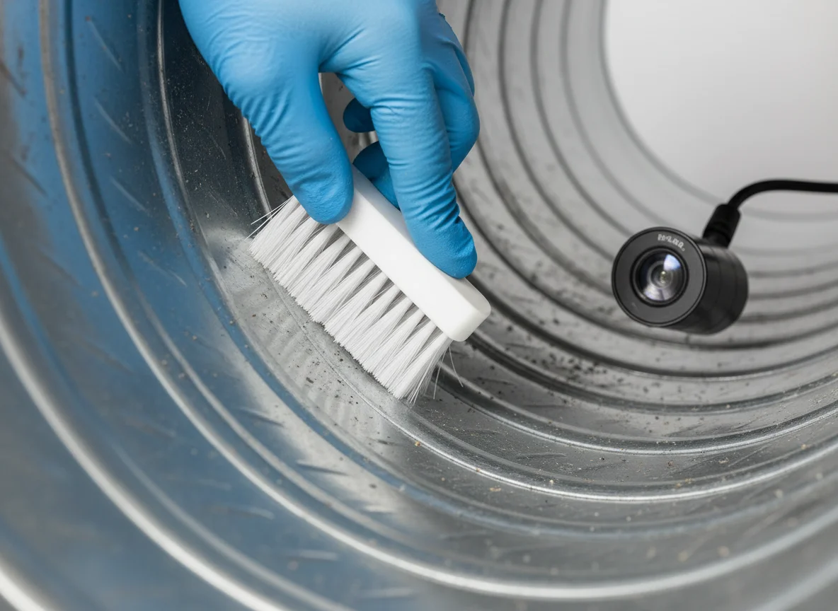 Close-up of a gloved hand cleaning the inside of a galvanized steel HVAC duct with a soft brush and an inspection light