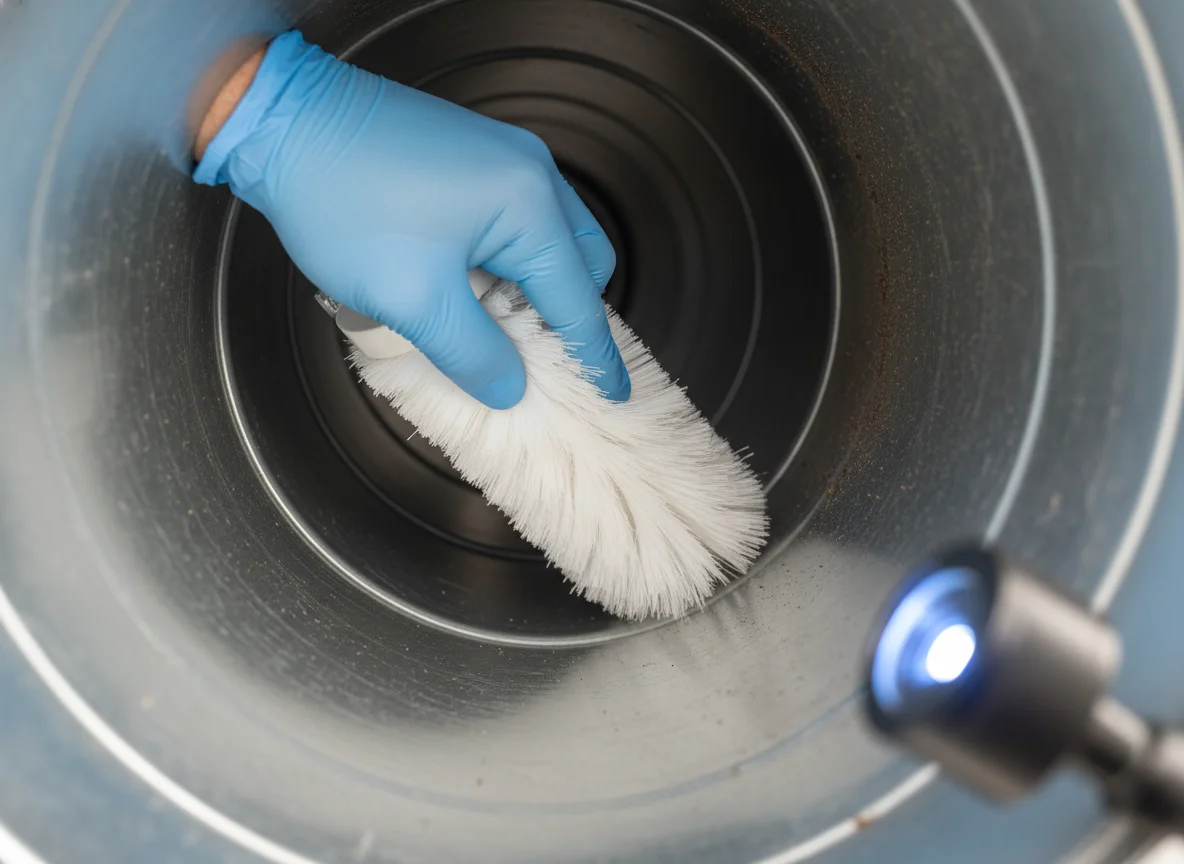 Close-up of a gloved hand cleaning the inside of a galvanized steel HVAC duct with a soft brush and an inspection light