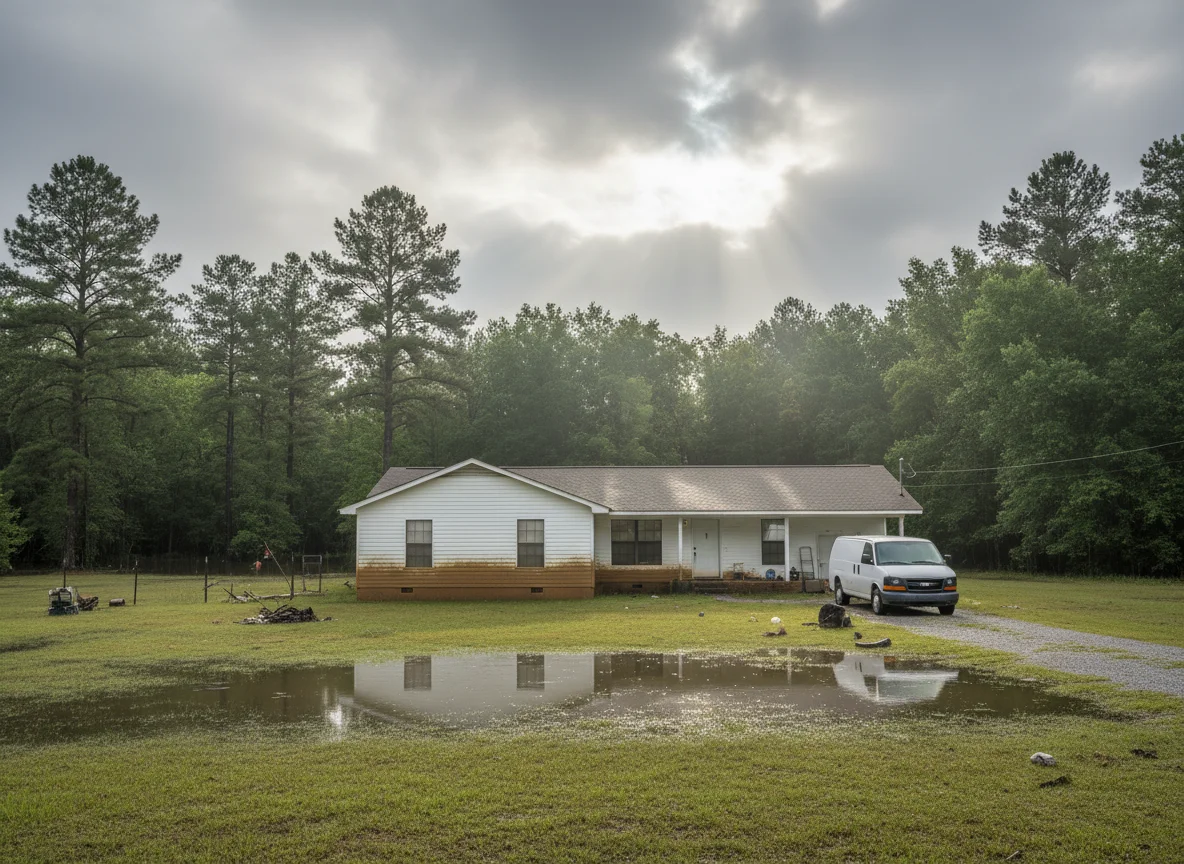 Single-story home in Bradley County after a flood, with a mold remediation work van in the driveway