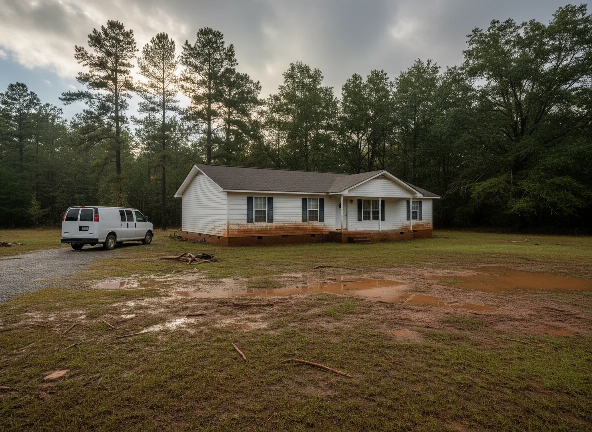 Single-story home in Bradley County after a flood, with a Mold Remediation Hotline work van in the driveway