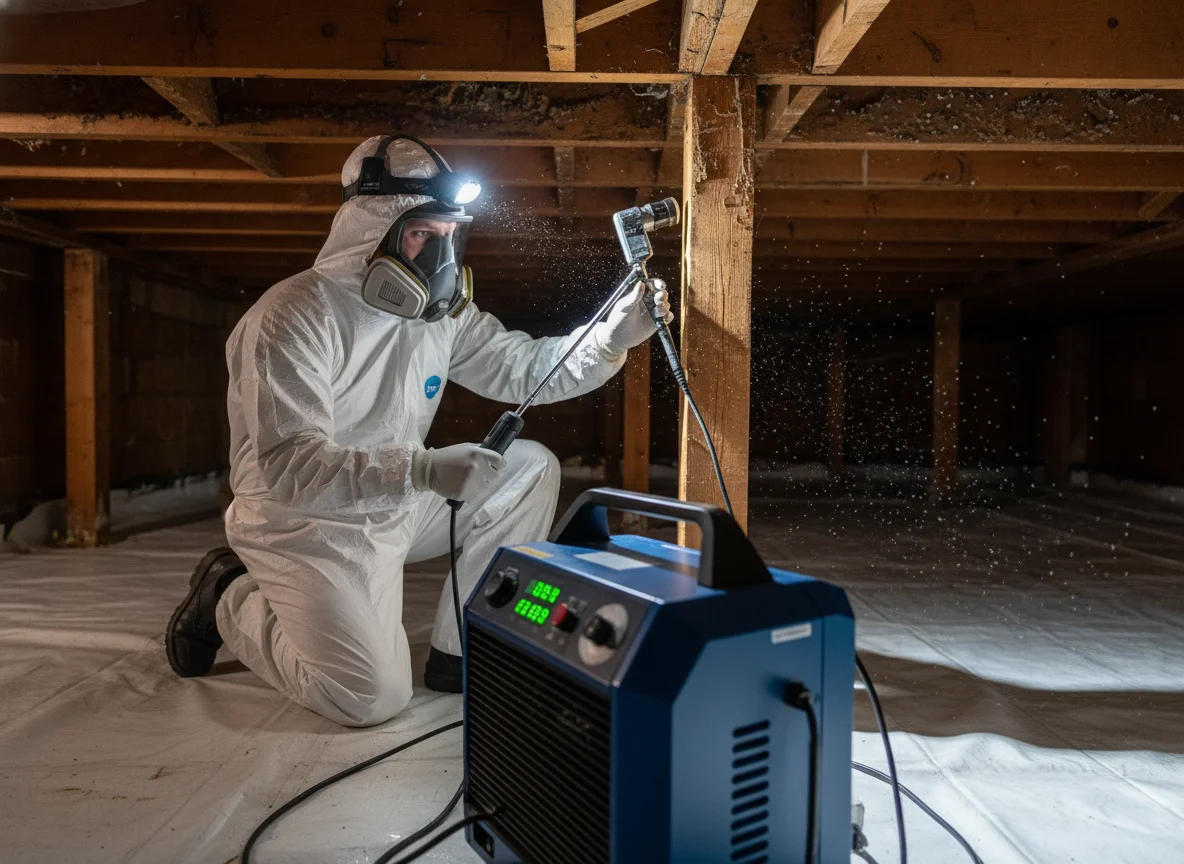 Mold remediation technician in white protective coveralls and respirator applying antimicrobial treatment in a residential crawl space with fresh vapor barrier and a commercial dehumidifier
