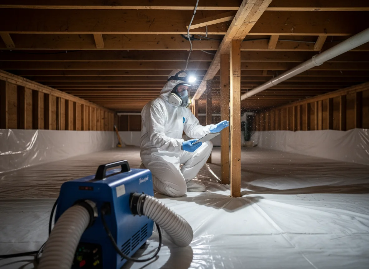 Mold remediation technician in white protective coveralls and respirator applying antimicrobial treatment in a residential crawl space with fresh vapor barrier and a commercial dehumidifier