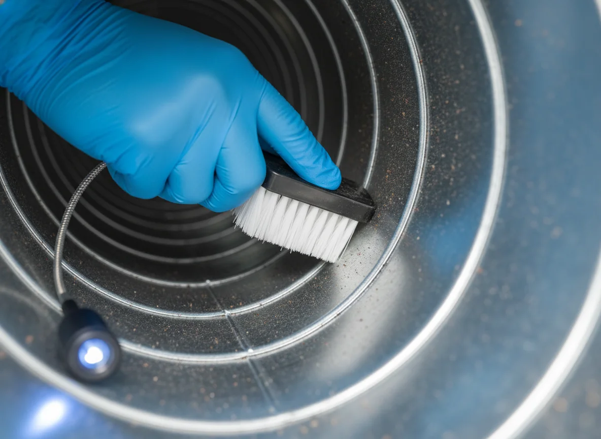 Close-up of a gloved hand cleaning the inside of a galvanized steel HVAC duct with a soft brush and an inspection light