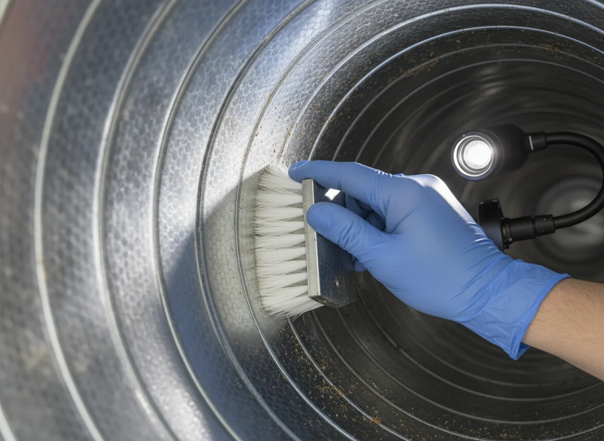 Close-up of a gloved hand cleaning the inside of a galvanized steel HVAC duct with a soft brush and an inspection light