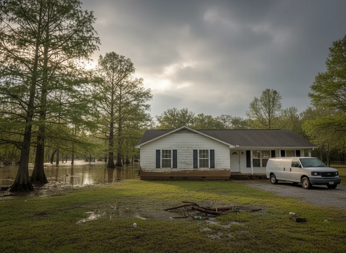 Single-story home in rural Northeast Louisiana on a cypress-lined bayou after floodwater has receded, with a mold remediation work van in the driveway
