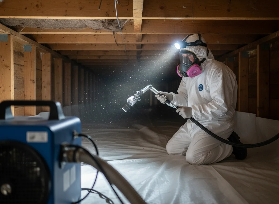 Mold remediation technician in white protective coveralls and respirator applying antimicrobial treatment in a residential crawl space with fresh vapor barrier and a commercial dehumidifier