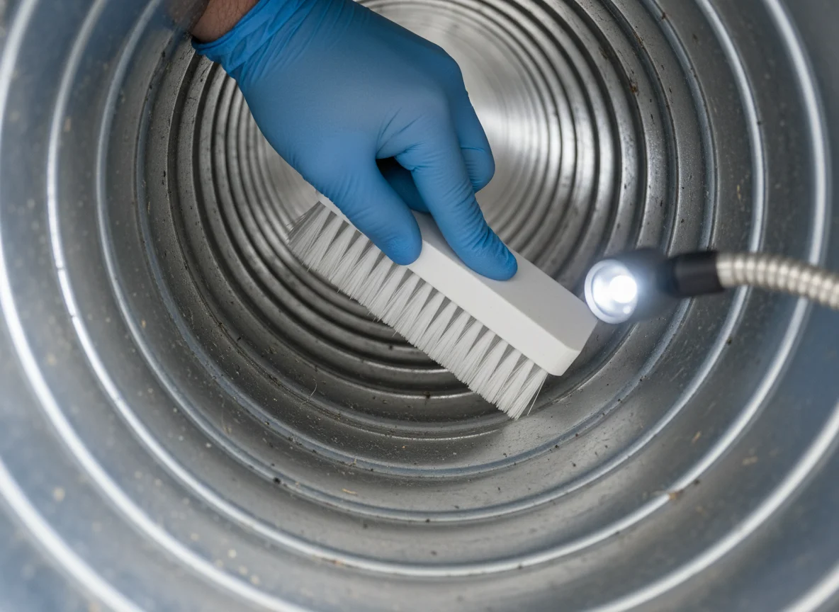 Close-up of a gloved hand cleaning the inside of a galvanized steel HVAC duct with a soft brush and an inspection light