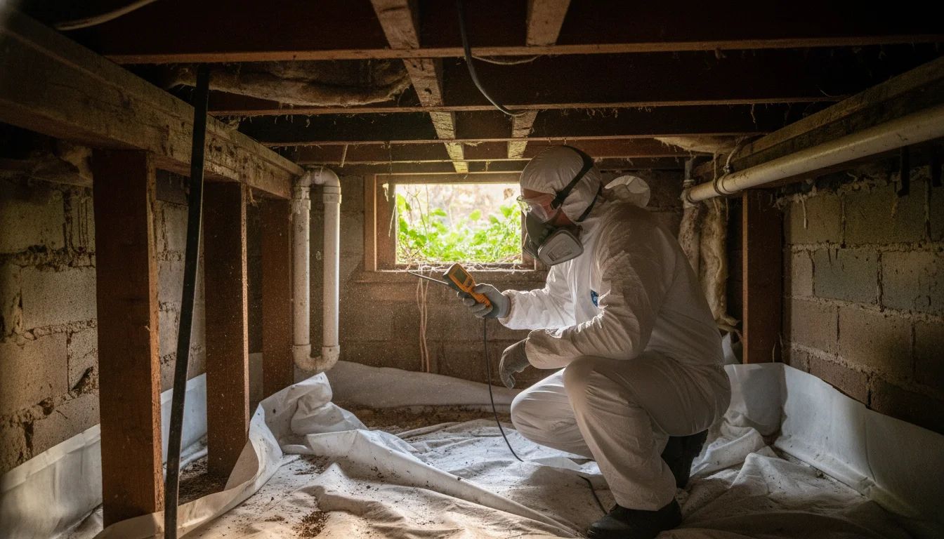 IICRC-certified mold removal service McEver GA technician inspecting a residential crawl space in a rural Hall County home near Lake Lanier